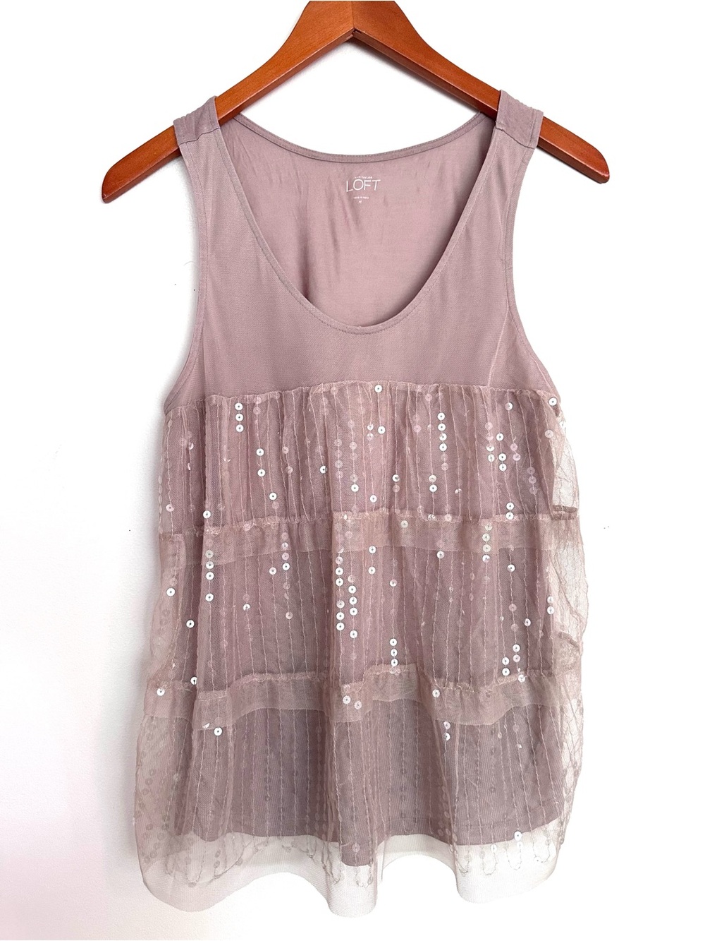 LOFT Tan Beige Tiered Sequin Mesh Tank Size Medium